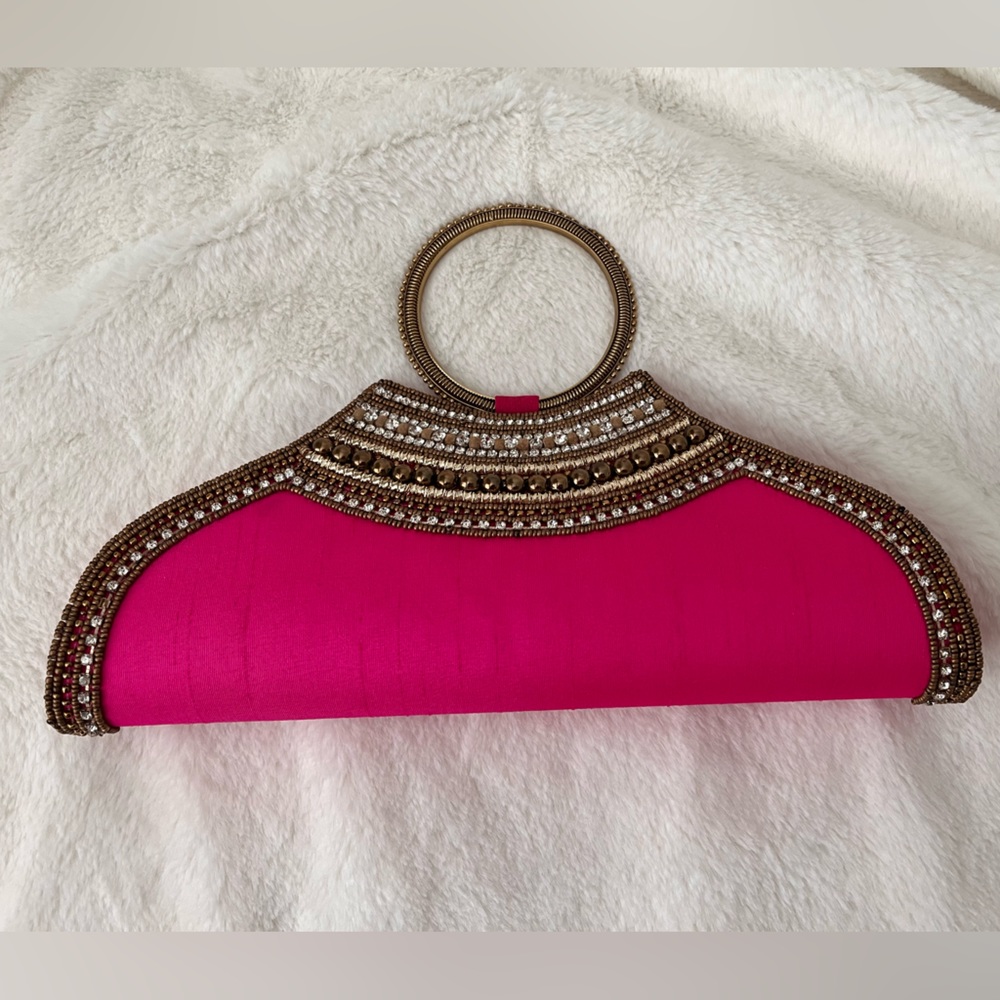 Gorgeous hot pink Indian silk clutch purse with bangle handle